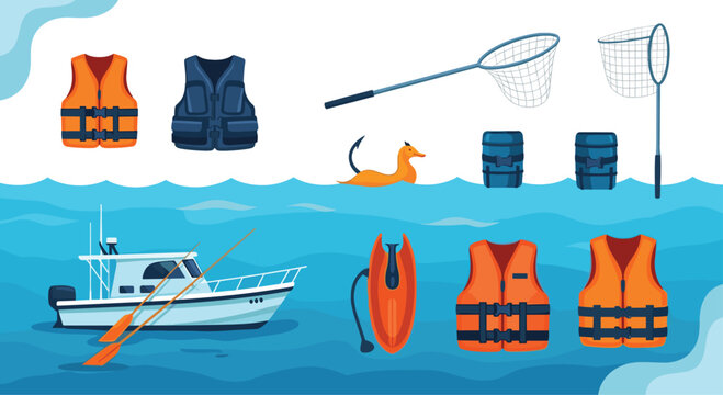 Comprehensive set of fishing and water safety gear including a boat, oars, life jackets, and landing nets.