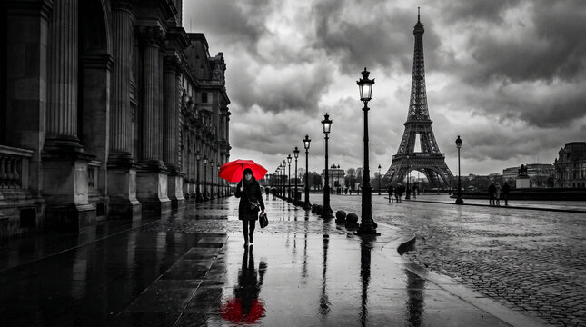 Artistic selective color photo of a woman walking with a bright red umbrella on a rainy street in paris, dramatic black and white cityscape