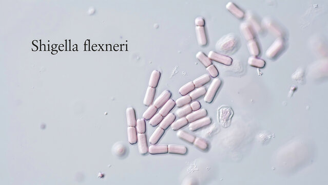 Shigella flexneri bacteria cells under microscope view with pink colored rod shaped structures on gray surface