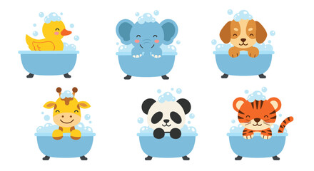 Fototapeta premium Set of six cute cartoon animals like an elephant, panda, and dog enjoying a bubble bath in blue tubs.
