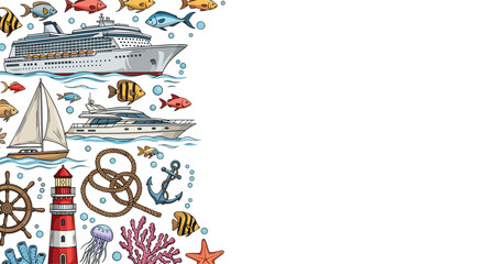 Obraz premium Richly detailed border composition featuring cruise ships, sailboats, lighthouse, fish, and various marine life on white.