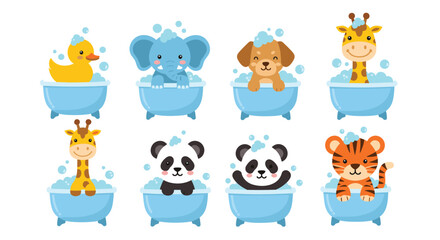 Obraz premium Cute cartoon animal characters like a puppy, giraffe, and tiger enjoying bubbles in light blue bathtubs.