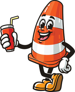 Traffic cone cartoon mascot holding a soft drink