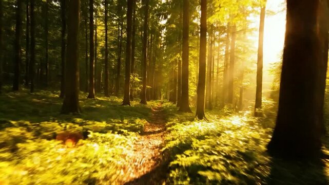 Golden sunlight filtering through tall trees over a forest path at sunrise