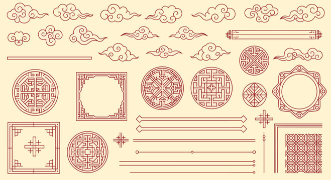 Wide variety of traditional Chinese ornaments, clouds, and frame borders are presented in a classic red line art style.