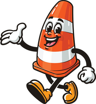 Traffic cone cartoon mascot is walking