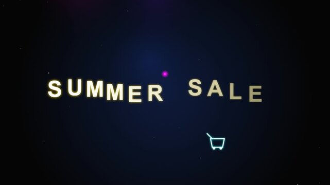 Illuminated text displaying "SUMMER SALE" with a shopping cart icon on a dark background, suggesting a promotional event.