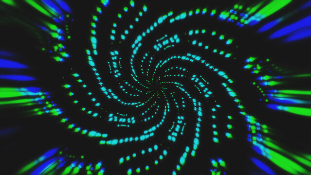 Vibrant abstract tunnel with swirling blue and neon green dots moving toward the center. Cinematic vj loop concept.