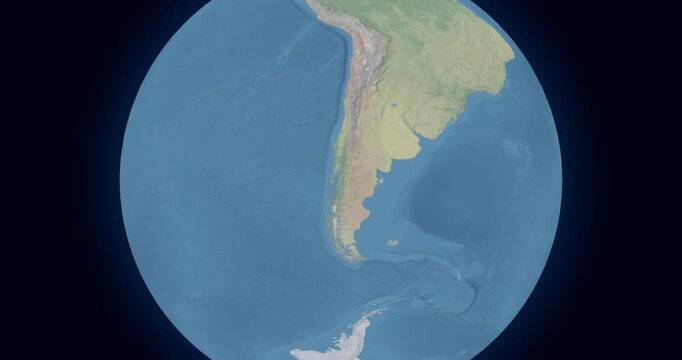 Chile on Globe. Zoom into the country with Earth spinning on dark background. Physical world map with Chile and label on it. Country view animation.
