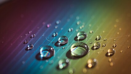 Fototapeta premium Rainbow colored water droplets, close-up macro, reflective surface, colorful background