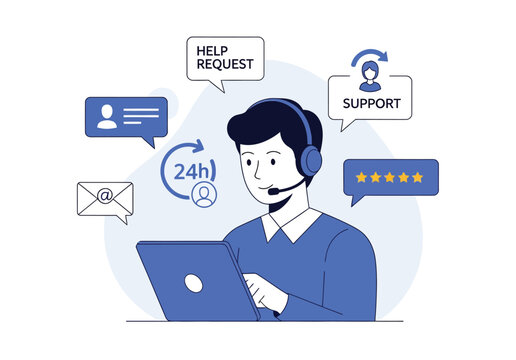 Customer support agent with headset working on laptop providing online assistance and help request service with chat icons.