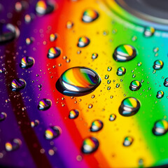 Fototapeta premium Rainbow background, water droplets, colorful liquid, macro close-up, reflective beads