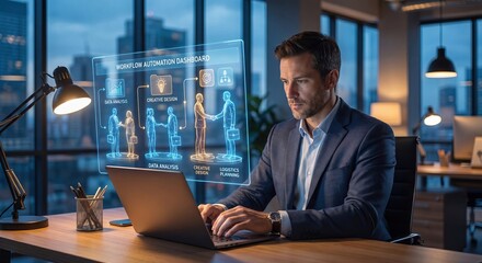 Fototapeta premium Man working on laptop with workflow automation dashboard