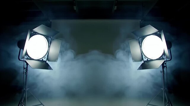 Dark photo studio setup with softbox lights and fog.