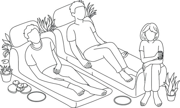 People Relaxing On Inflatable Sofa In Room Vector