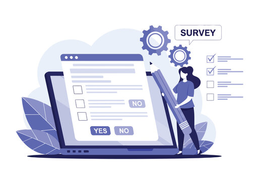 Online survey digital feedback concept illustration featuring person filling out questionnaire on laptop screen with pen to gather customer opinions data.