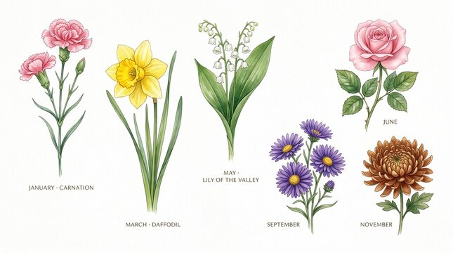 Watercolor birth flowers illustration set, delicate botanical floral collection, hand-painted blossoms for each month, elegant nature-inspired design elements.