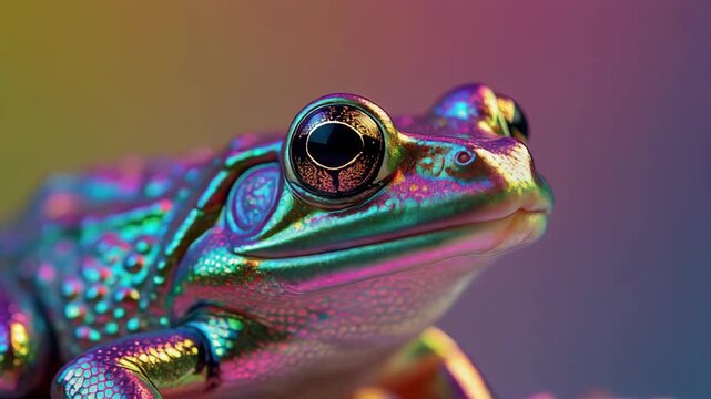 Macro close-up of iridescent frog with holographic skin.