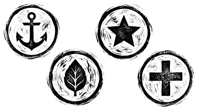 Grunge rubber stamp set with anchor star leaf and cross icons