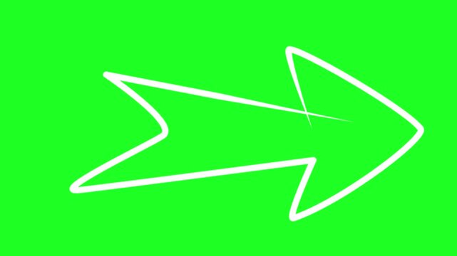 white right arrow pointer hand drawn cartoon sketch thin outline drawing of a chunky fat direction arrow pointer with initial movement animated on screen 4K video highlight element