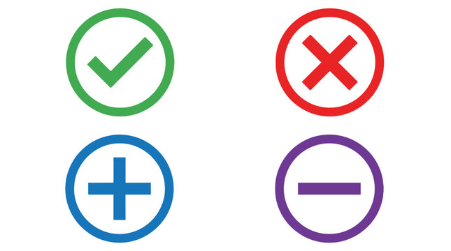 Check, cross, plus and minus symbols in colored circles