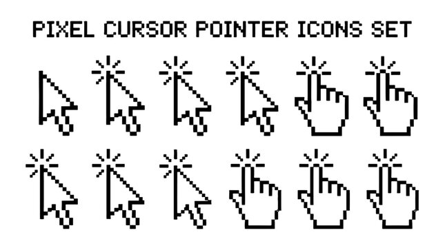 Pixel cursor pointer icons set with arrow and hand click symbols