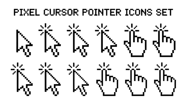 Pixel cursor pointer icons set with arrow and hand click symbols