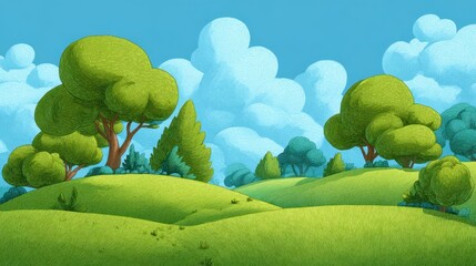 Bright cartoon scenery featuring grassy slopes, cheerful trees, and a sunny sky
