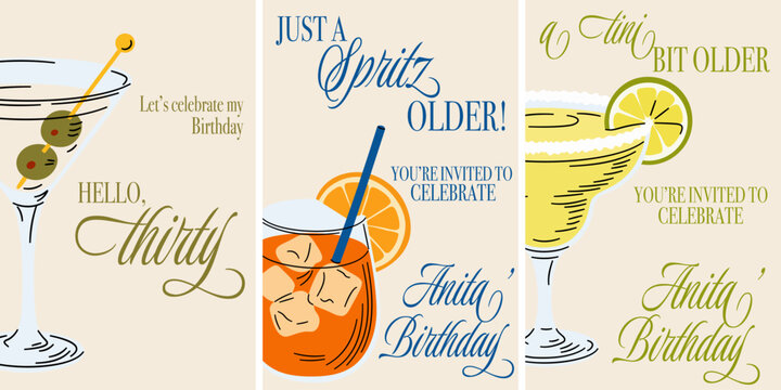 Set of three retro cocktail themed birthday invitation templates with elegant typography, featuring martini, spritz, and margarita illustrations