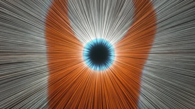 Abstract visual of fiber optics radiating from a central blue point, with light bursts
