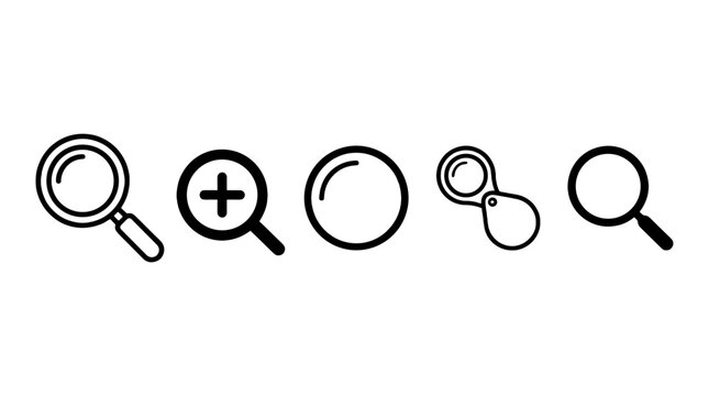 Set of magnifying glass icons in black outline style