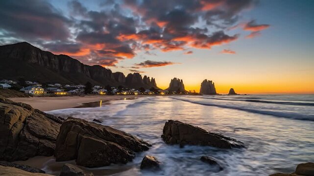 Golden sunset over a coastal town nestled below dramatic cliffs and sea stacks along a sandy beach