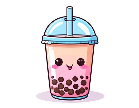 A cute cartoon illustration of a pink bubble tea with a blue lid