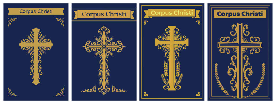 Corpus Christi Ornate Cross Poster Collection Catholic Christian Eucharist Vector Illustration