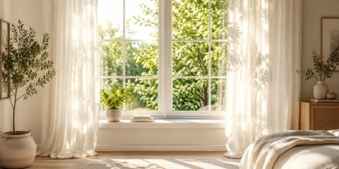 Bright cozy bedroom with white sheer curtains and window view of lush green garden in summer sun