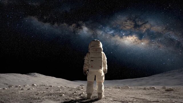 Astronaut exploring silent lunar landscape under a brilliant, vast starry night sky. Concept of space exploration, future mission, and astronomy travel.