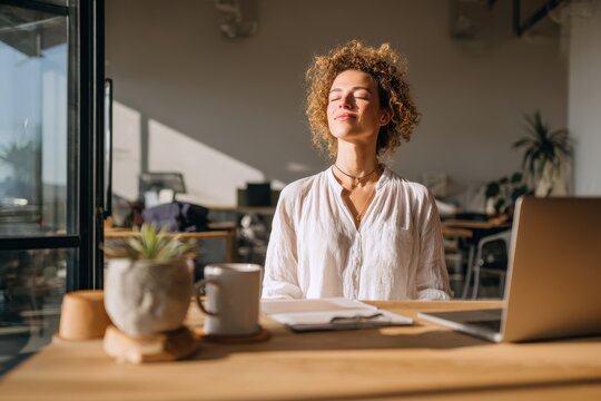Calm Morning Meditation at the Office: A Woman Preparing for a Productive Workday