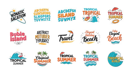 Tropical Summer Labels: A vibrant collection of graphic design elements featuring tropical themes, summer vibes, beach elements, and travel motifs, perfect for creating eye-catching designs. © Halima