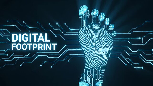 Digital footprint text and glowing circuitry foot icon background.