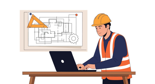 Professional engineer wearing yellow hard hat working on construction blueprints using laptop computer at office desk for architectural planning project task.