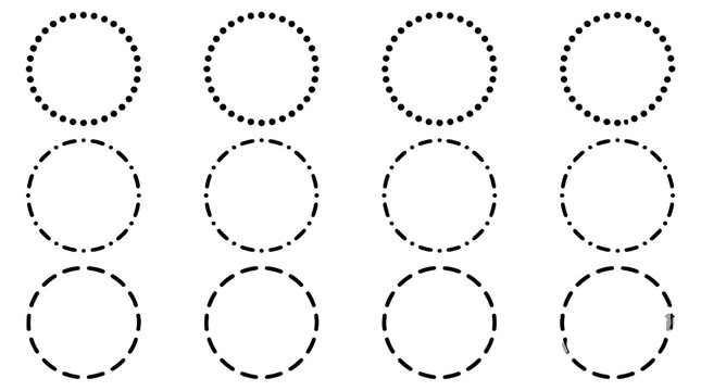Set of dotted and dashed circular outline frames in black