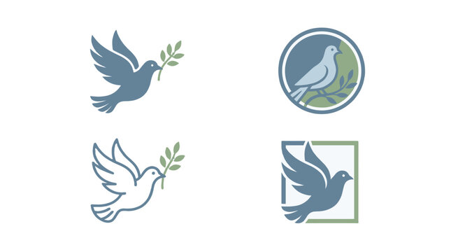 Dove of peace with olive branch icon set isolated on white
