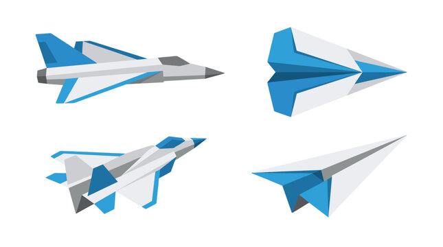 Set of blue and white paper airplanes in different views
