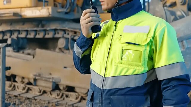 Man in high visibility work jacket using radio near heavy machinery.