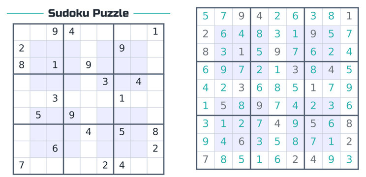 Classic Sudoku Puzzle Worksheet With Completed Answer Grid for Printable Number Logic Activity Book