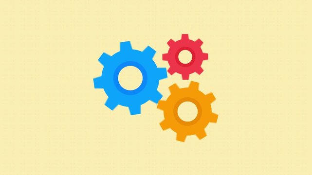 Animated, colorful gear wheels spinning together on light and dark dotted backgrounds for settings and teamwork concepts. Gears spinning animation 4k video 