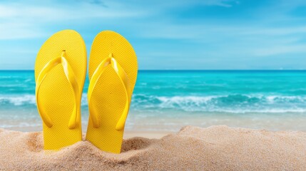 Fototapeta premium Yellow flip flops on sandy beach with turquoise ocean, representing summer travel, seaside vacation, tropical holidays and carefree leisure, Summer background