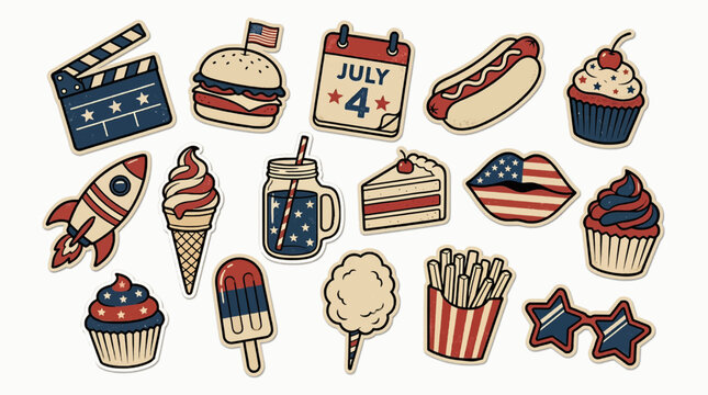 Vintage Patriotic Sticker Vector Collection, Retro American Holiday Food Illustration Set