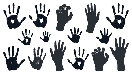 Fototapeta premium Set of black hand silhouettes and palm print imprints