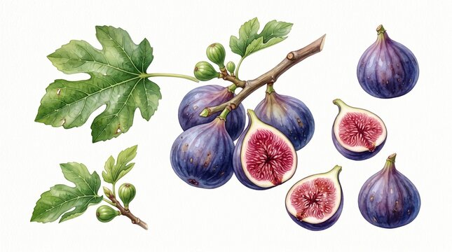Vibrant watercolor fig illustration, fresh purple figs on a branch with green leaves, ripe sliced figs, botanical fruit artwork perfect for healthy eating and natural food designs